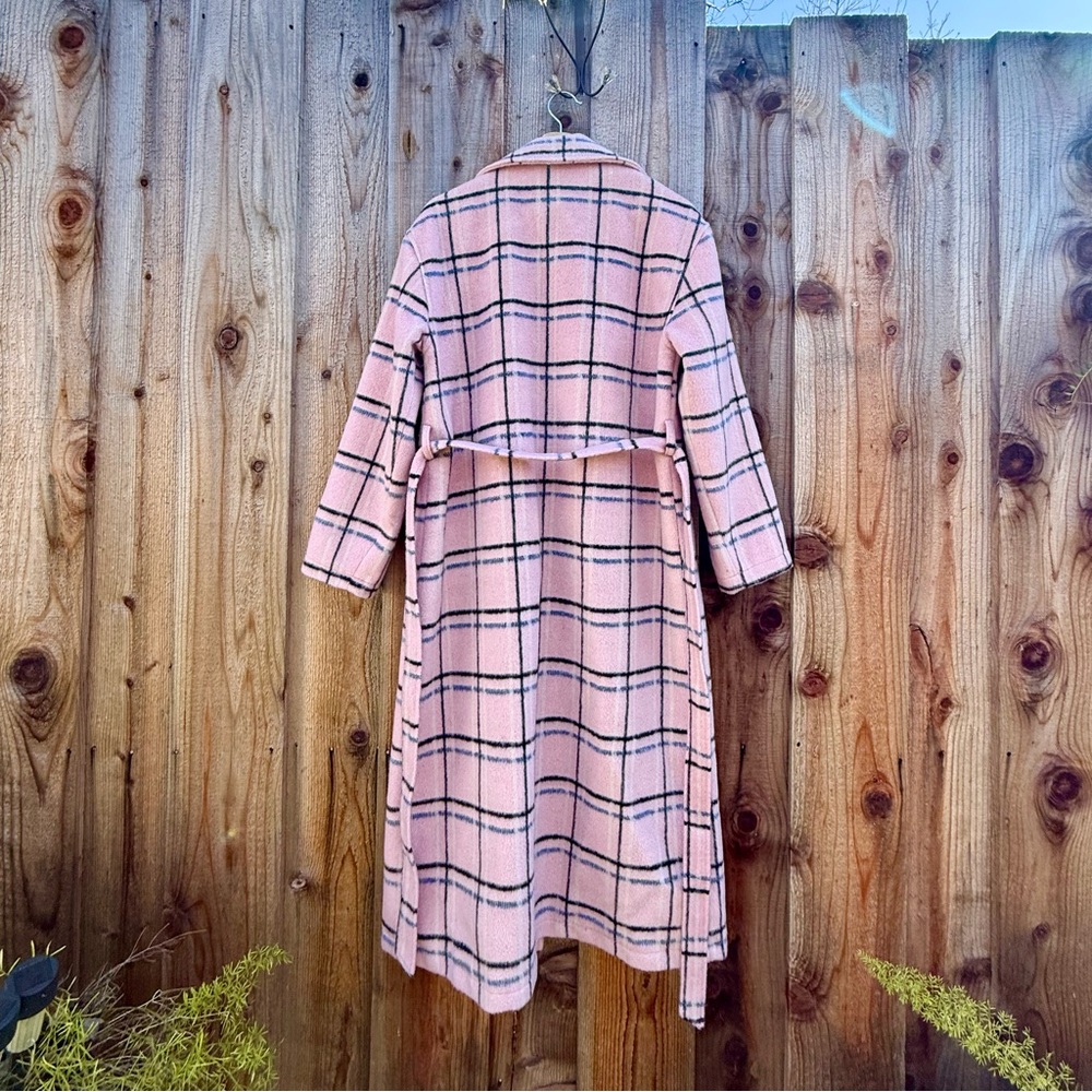 Retro Light Pink and Black Blue Plaid Longline Coat 🌿 - Picture 8 of 10